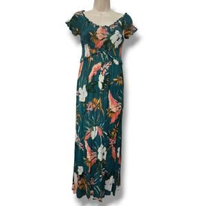 Patrons of Peace Women’s Green Floral Smocked Maxi Dress Small Rayon Boho